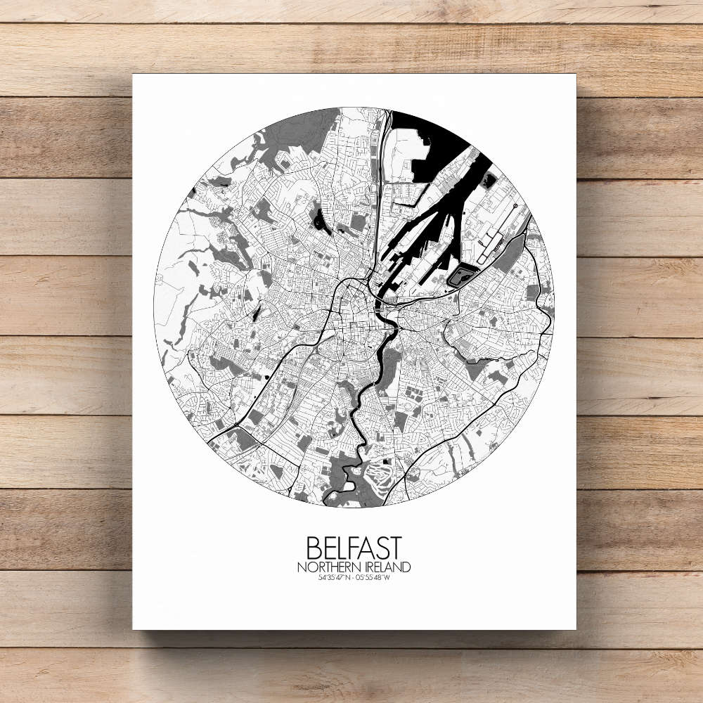 Mapospheres Belfast Black and White  round shape design canvas city map