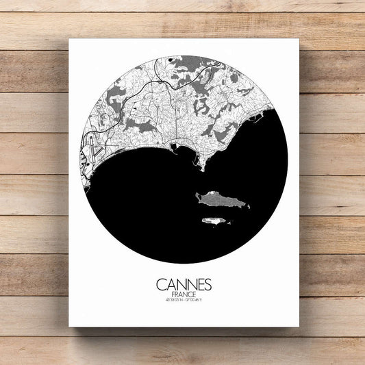 Mapospheres Cannes Black and White  round shape design canvas city map