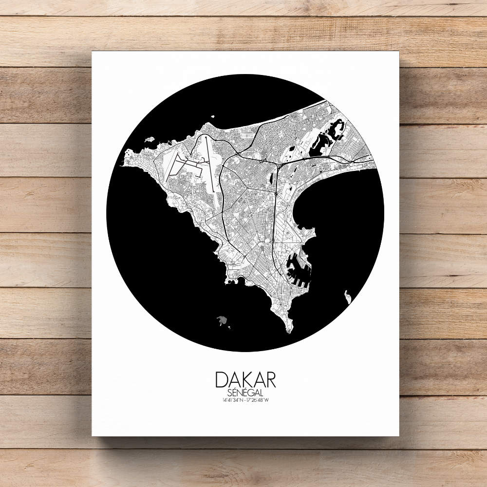 Mapospheres Dakar Black and White  round shape design canvas city map