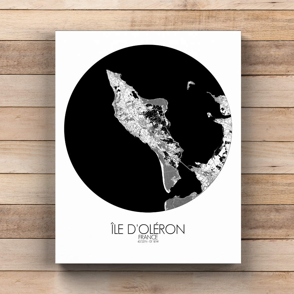 Mapospheres oleron Black and White  round shape design canvas city map