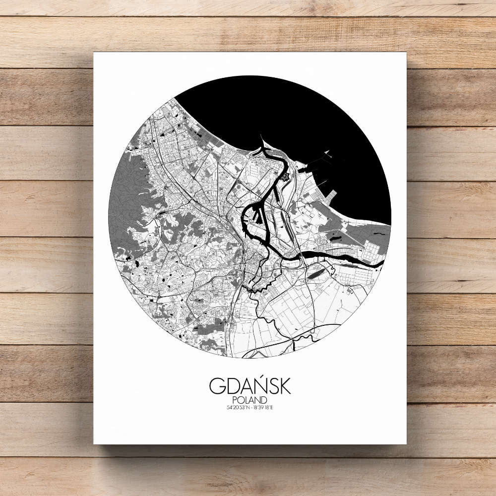 Mapospheres Gdansk Black and White  round shape design canvas city map