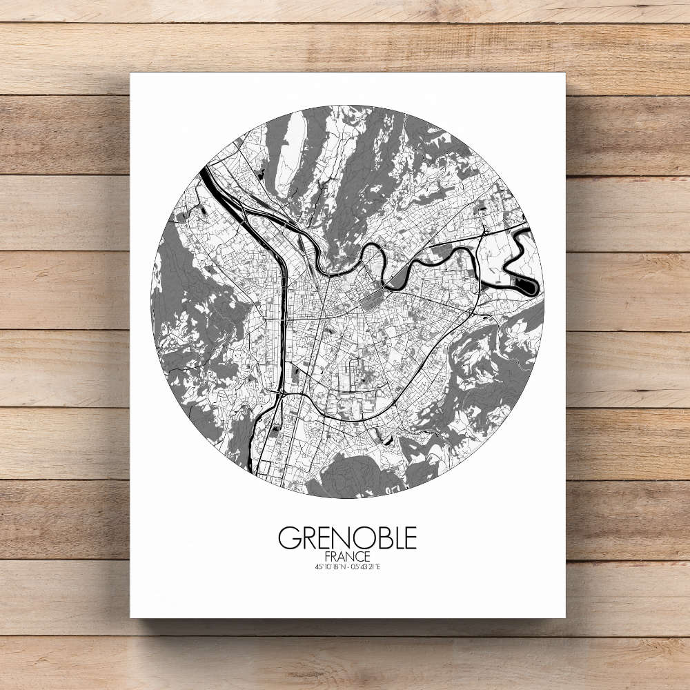 Mapospheres Grenoble Black and White  round shape design canvas city map