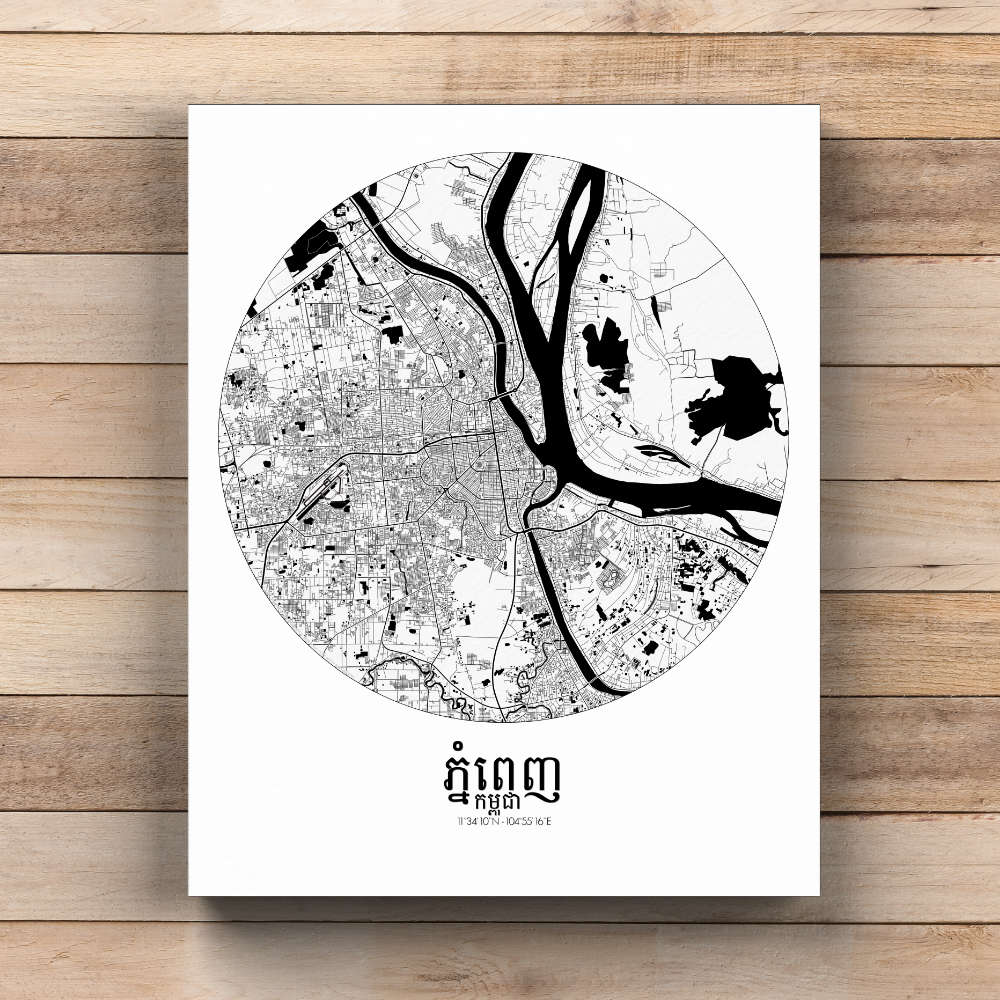 Mapospheres Phnom Penh Black and White  round shape design canvas city map
