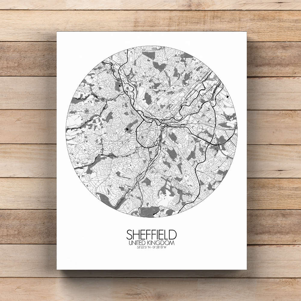 Mapospheres Sheffield Black and White  round shape design canvas city map