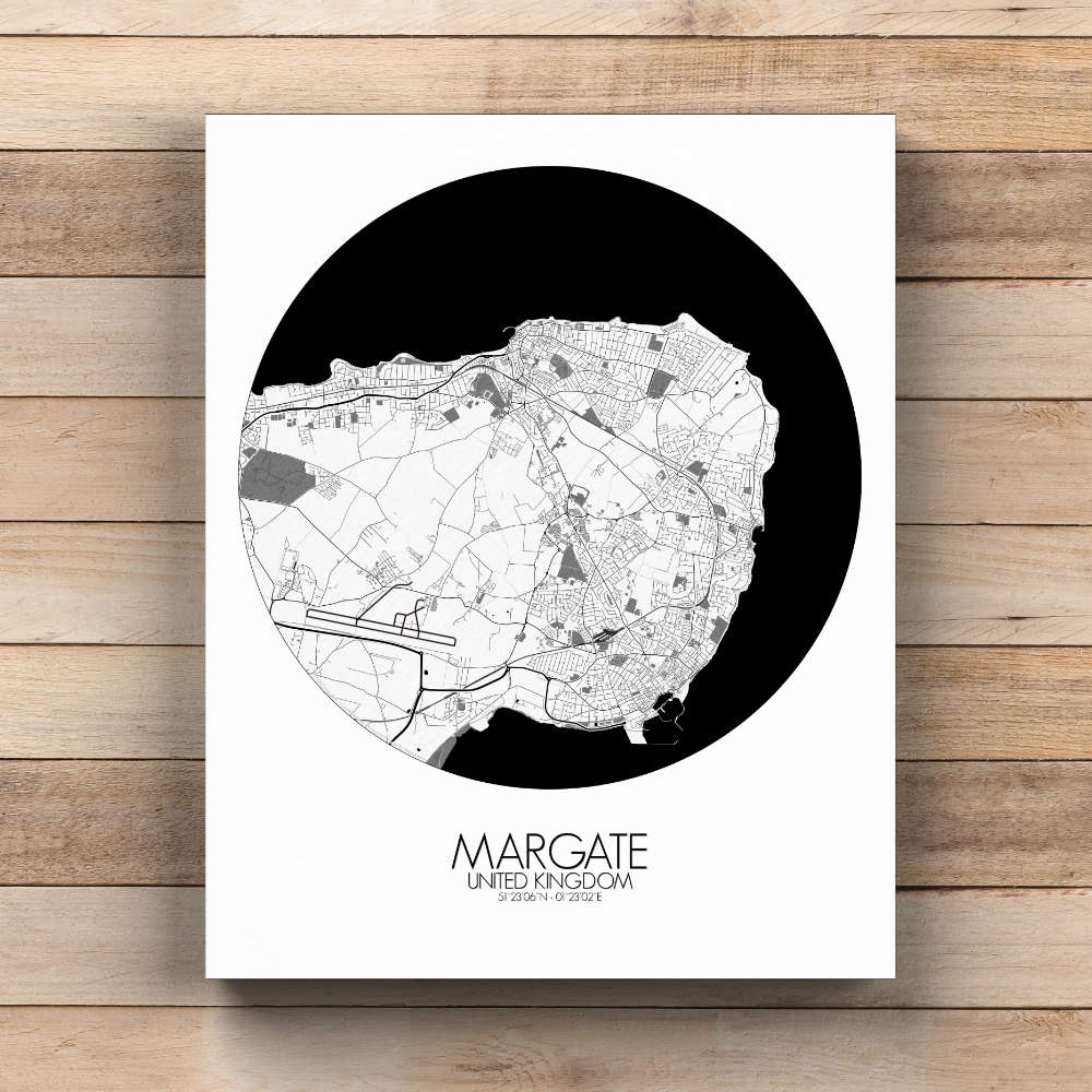 Mapospheres Margate Black and White round shape design canvas city map