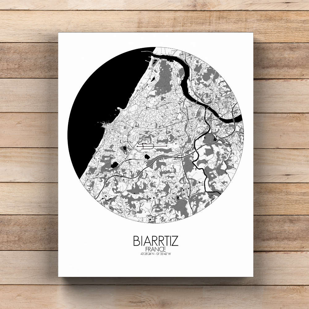 Mapospheres Biarritz Black and White  round shape design canvas city map