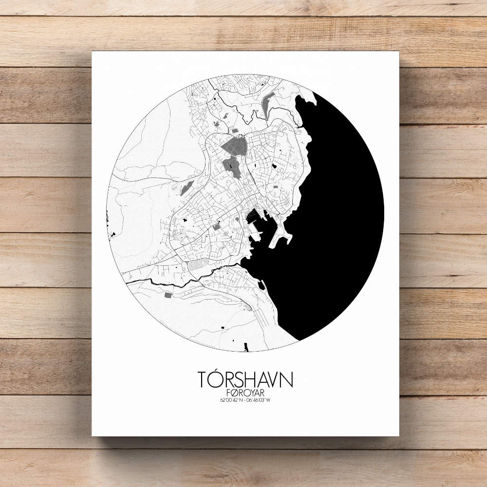 Mapospheres Torshavn Black and White  round shape design canvas city map