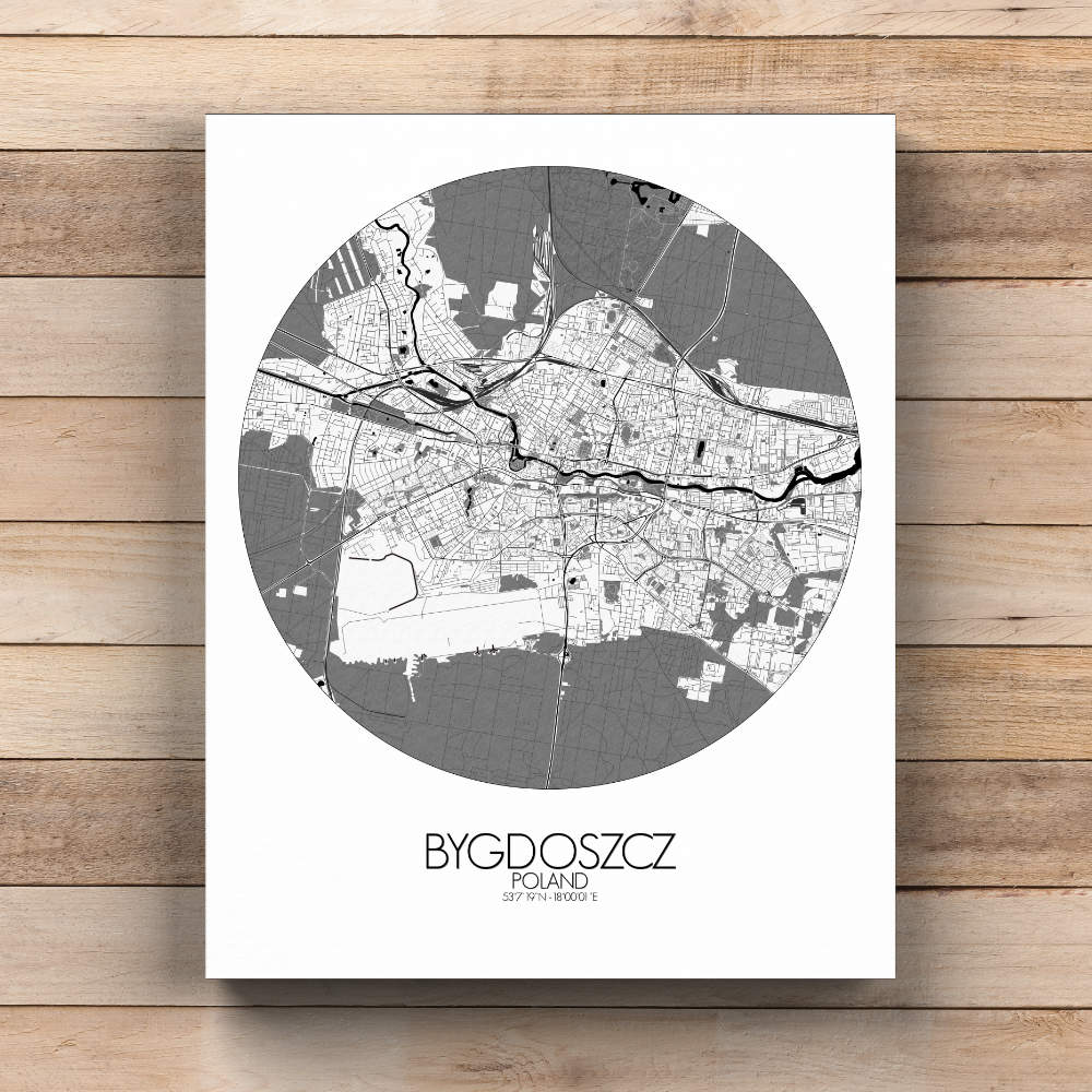 Mapospheres Bygdoszcz Black and White  round shape design canvas city map