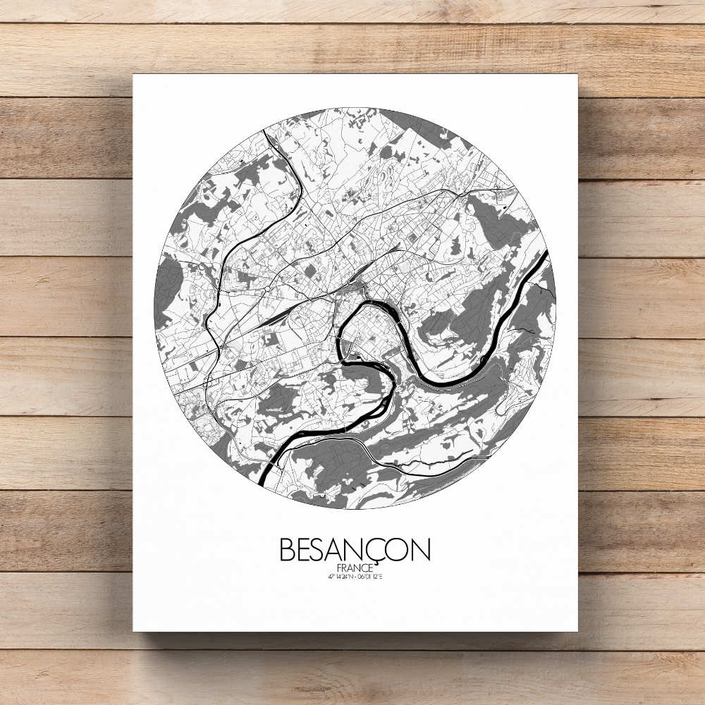 Mapospheres Besancon Black and White  round shape design canvas city map