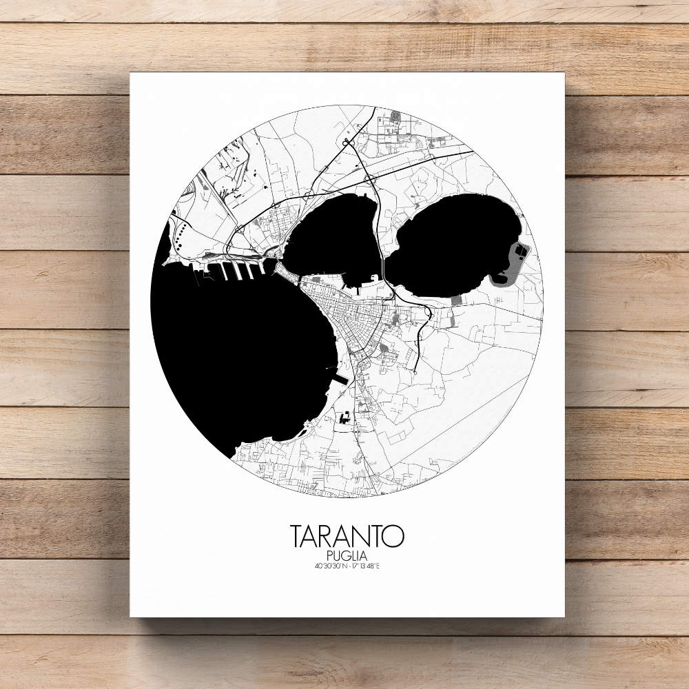 Mapospheres Taranto Black and White  round shape design canvas city map