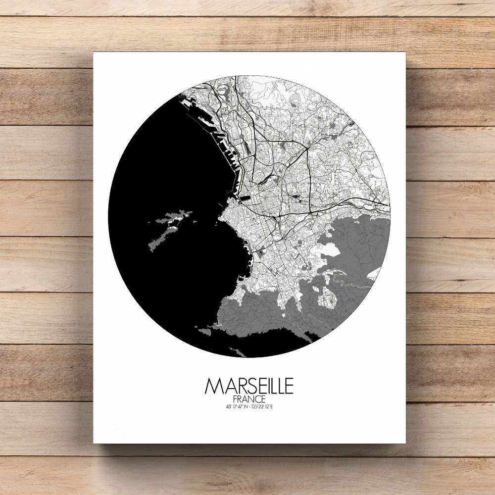 Mapospheres Marseille Black and White  round shape design canvas city map