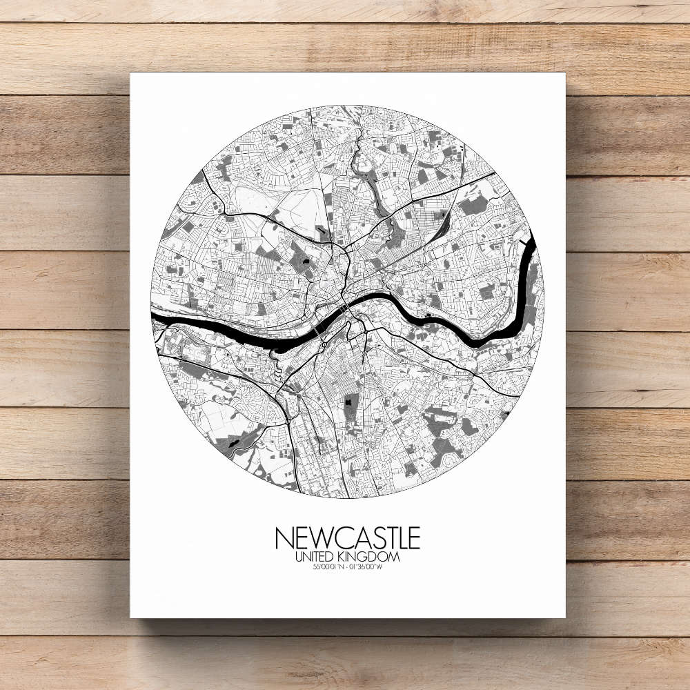 Mapospheres Newcastle Black and White  round shape design canvas city map