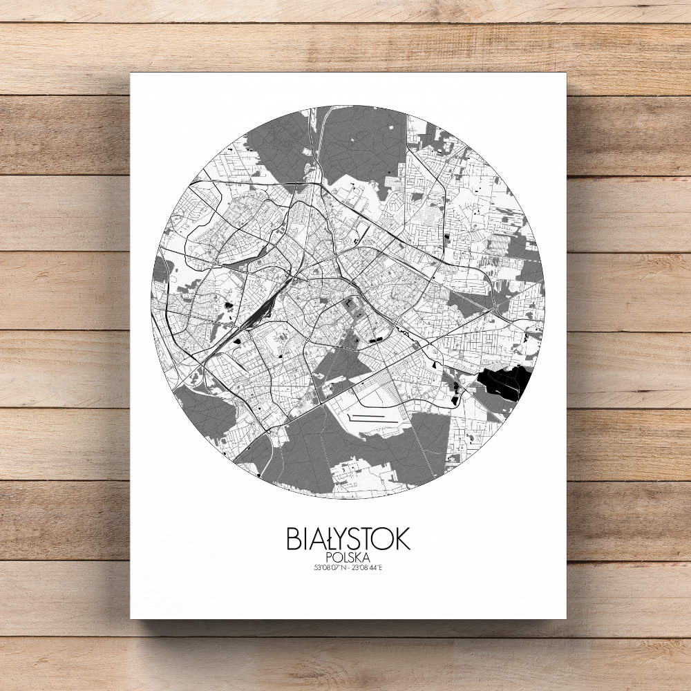 Mapospheres Bialystok Black and White  round shape design canvas city map