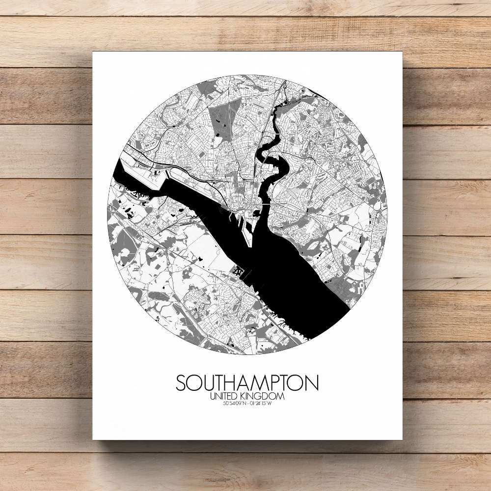 Mapospheres Southampton Black and White  round shape design canvas city map