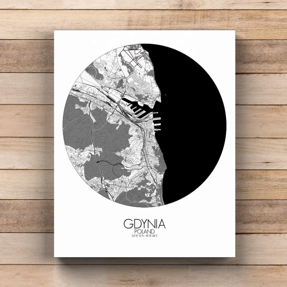 Mapospheres Gdynia Black and White  round shape design canvas city map