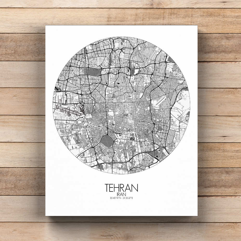 Mapospheres Tehran Black and White  round shape design canvas city map