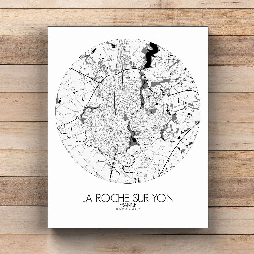 Mapospheres La Roche sur Yon Black and White  round shape design canvas city map