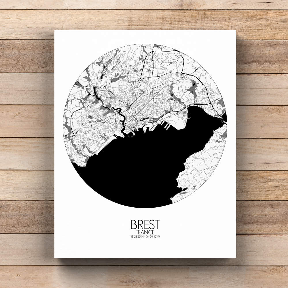 Mapospheres Brest Black and White round shape design canvas city map