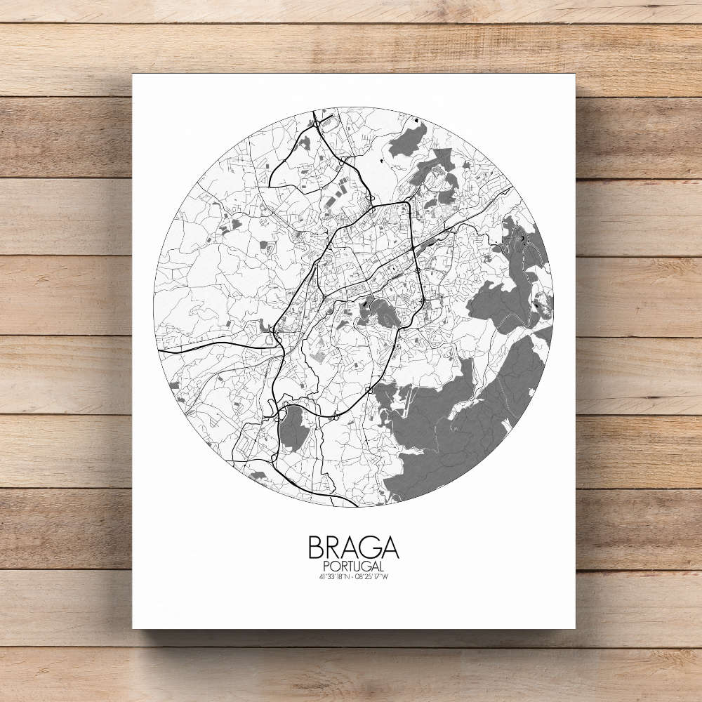Mapospheres Braga Black and White  round shape design canvas city map