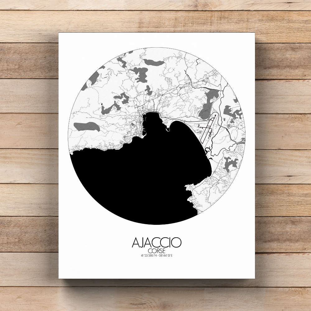 Mapospheres Ajaccio Black and White  round shape design canvas city map