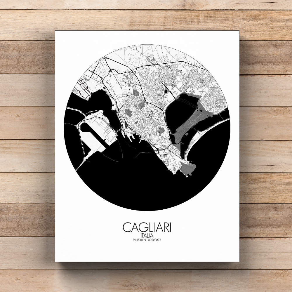 Mapospheres Cagliari Black and White  round shape design canvas city map