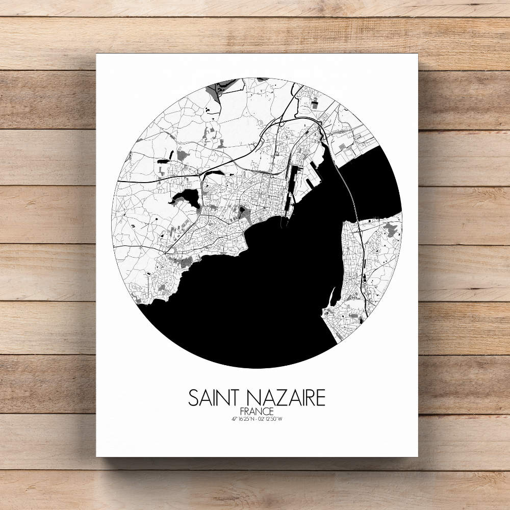 Mapospheres Saint Nazaire Black and White  round shape design canvas city map