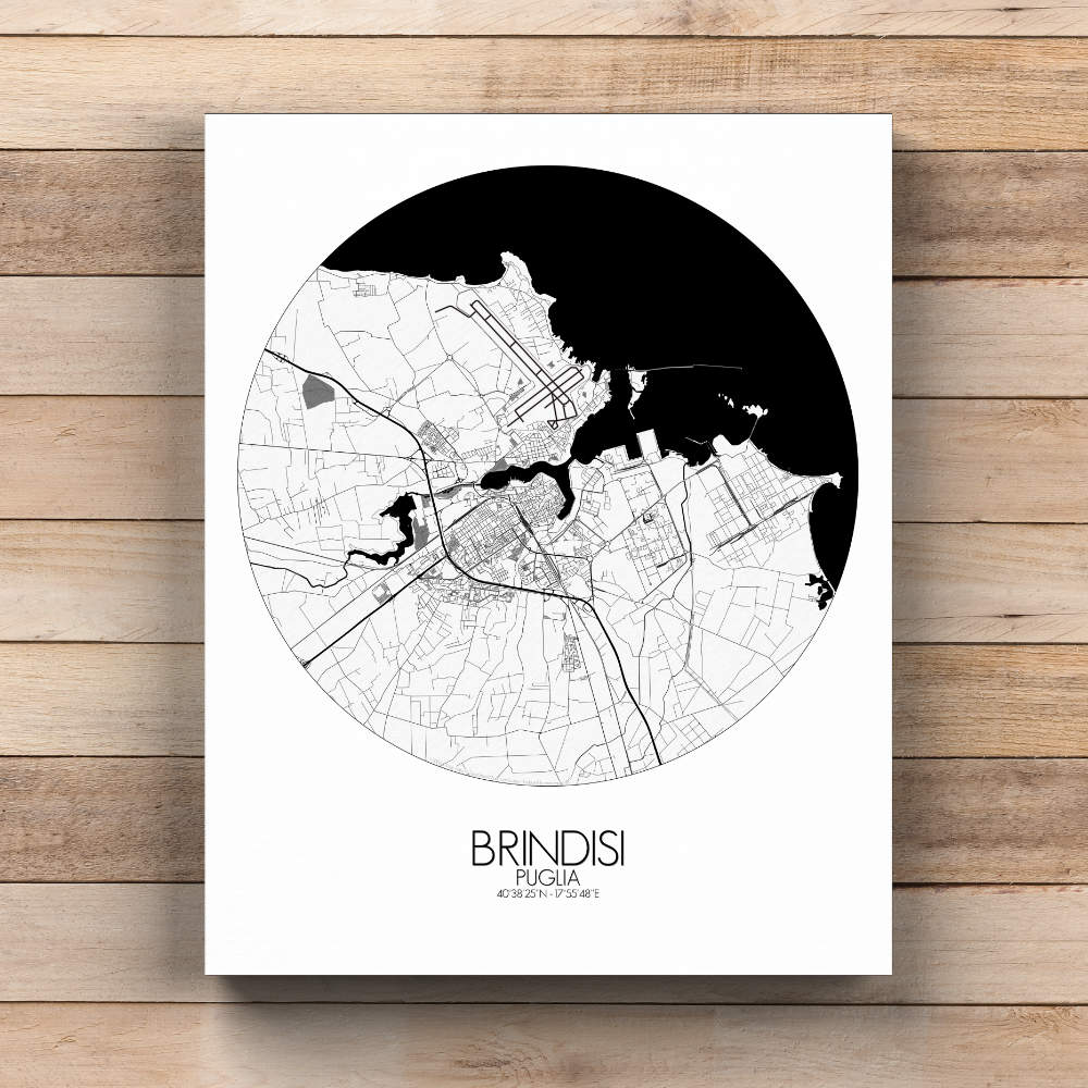 Mapospheres Brindisi Black and White  round shape design canvas city map
