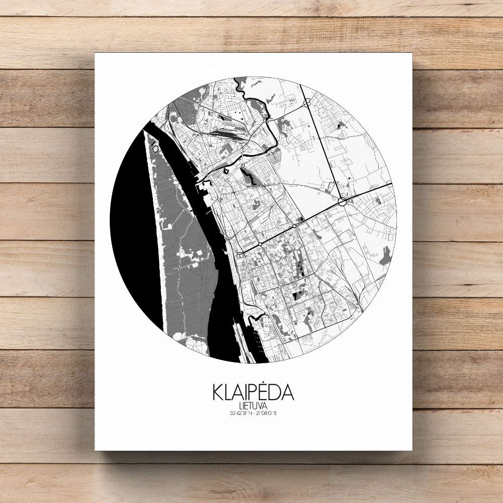 Mapospheres Klaipeda Black and White  round shape design canvas city map