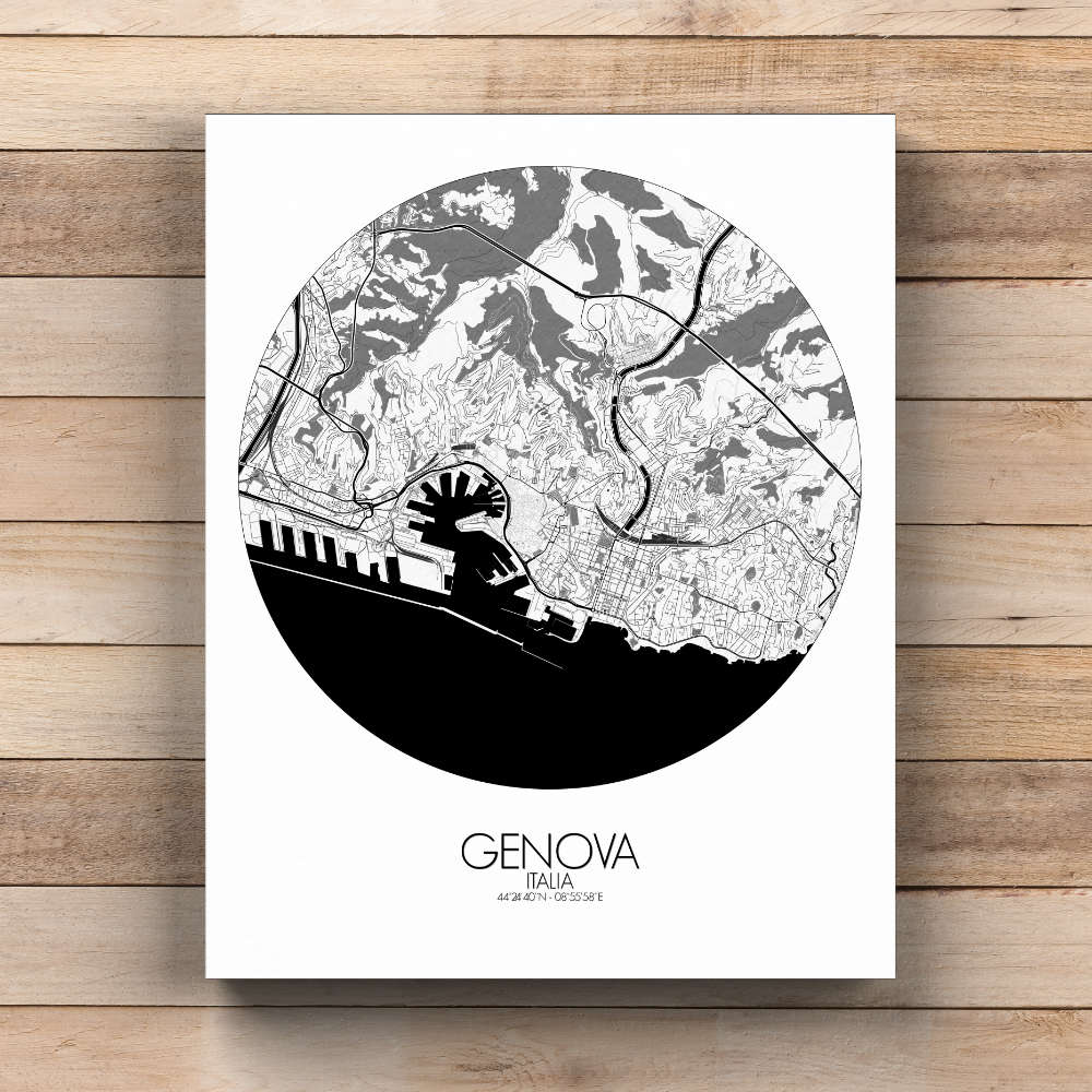 Mapospheres Genoa Black and White  round shape design canvas city map