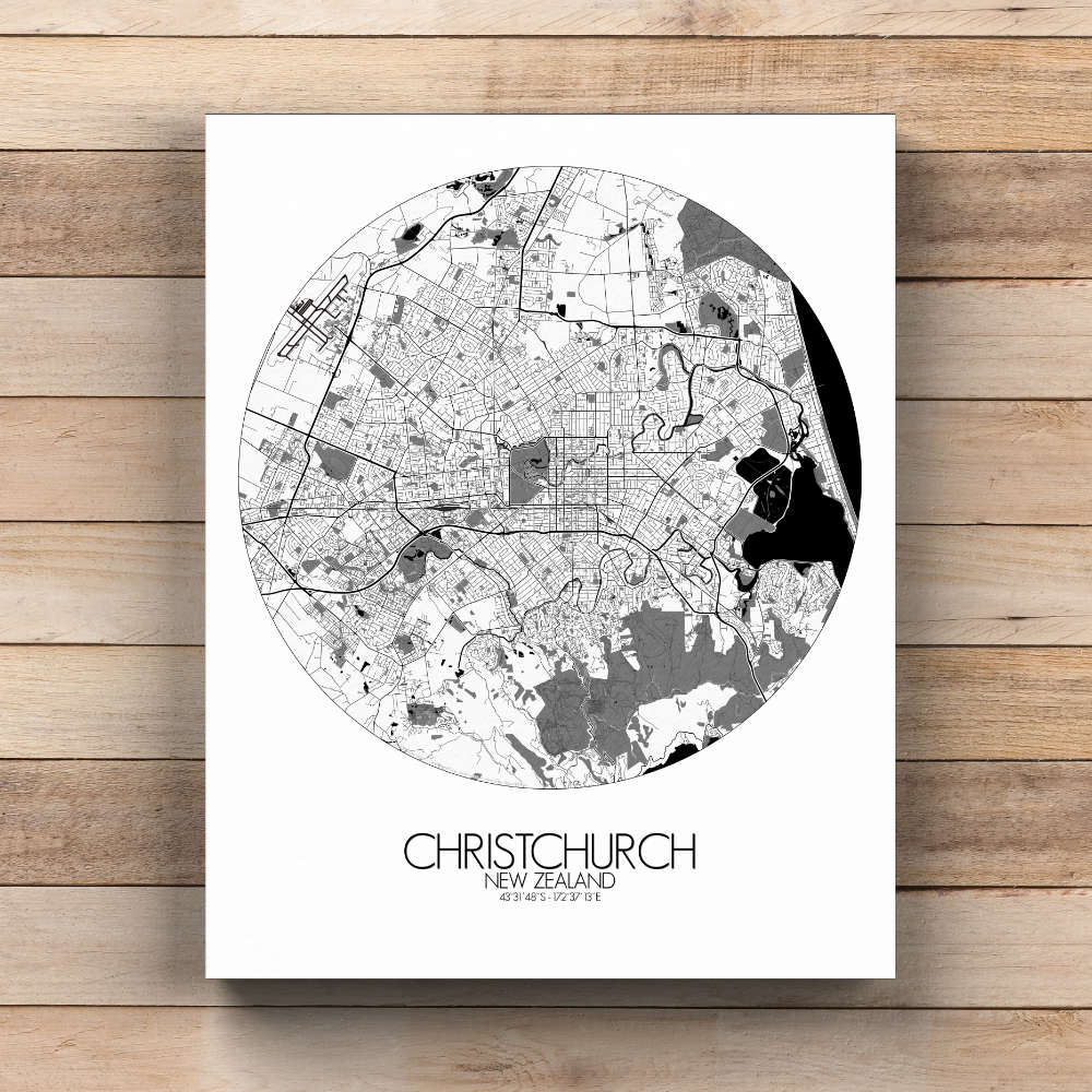 Mapospheres Christchurch Black and White  round shape design canvas city map