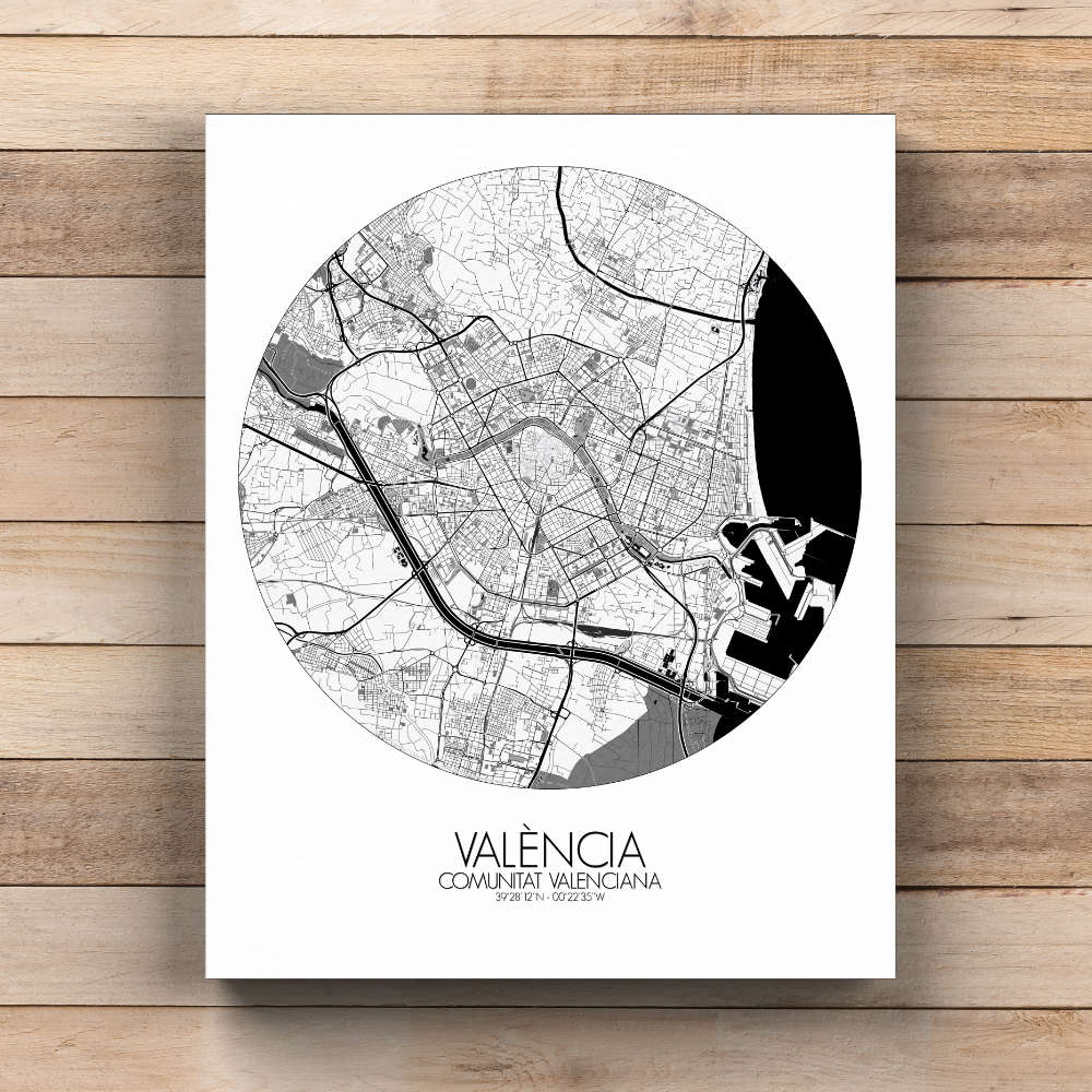 Mapospheres Valencia Black and White  round shape design canvas city map