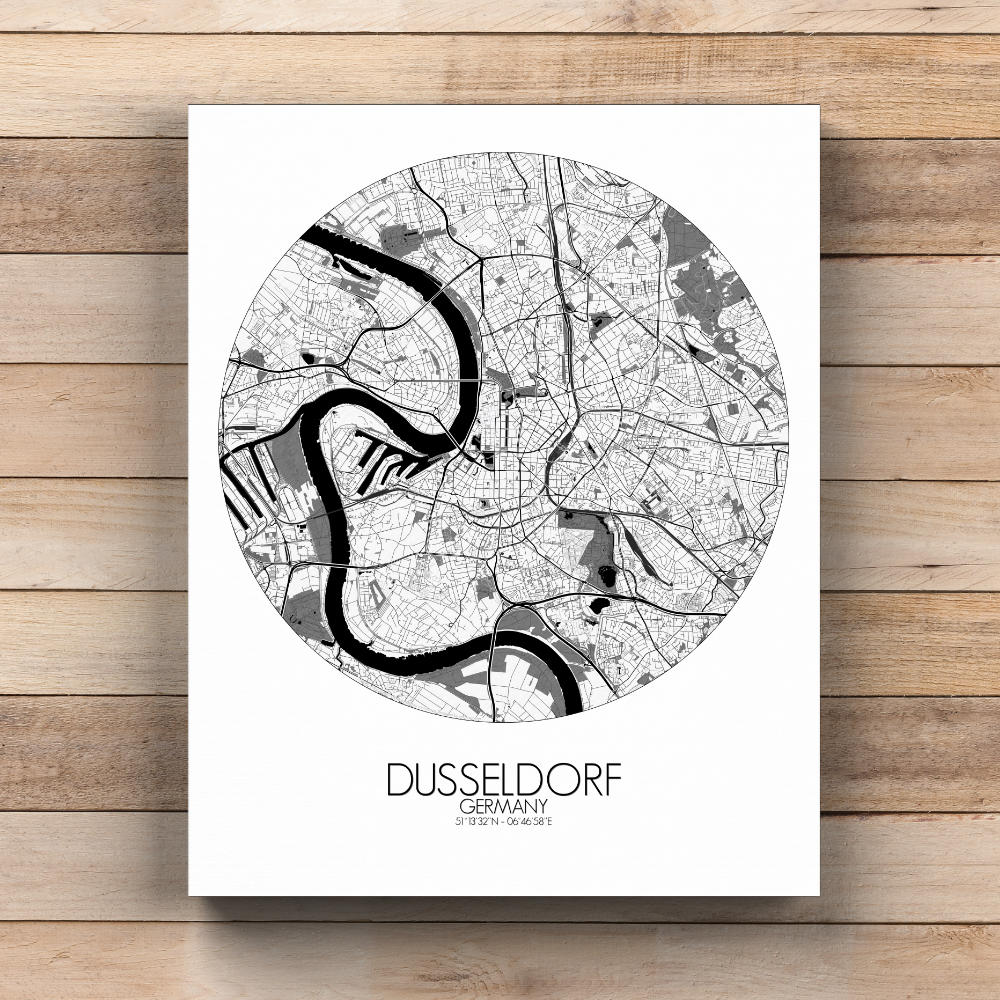 Mapospheres Dusseldorf Black and White  round shape design canvas city map