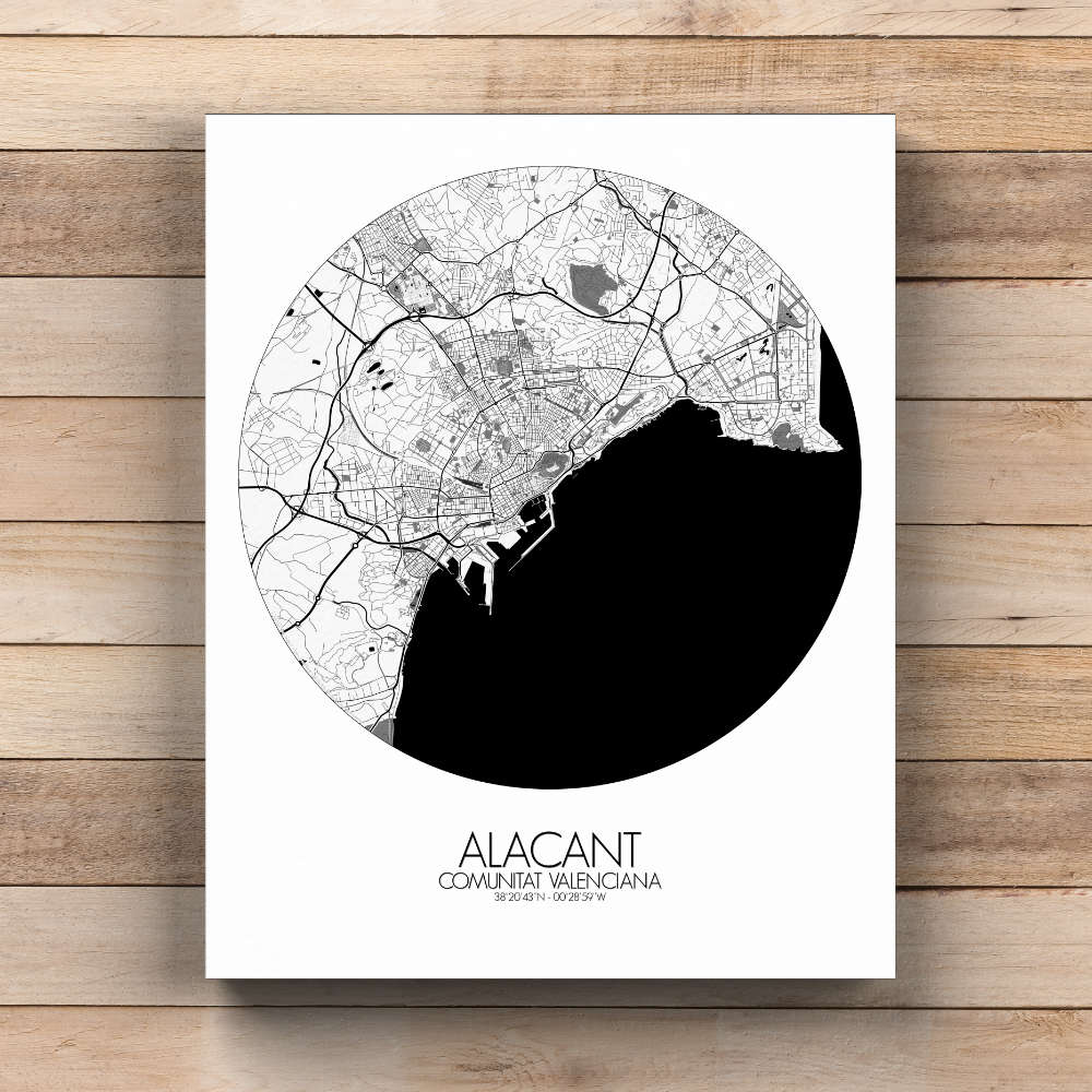 Mapospheres Alicante Black and White  round shape design canvas city map