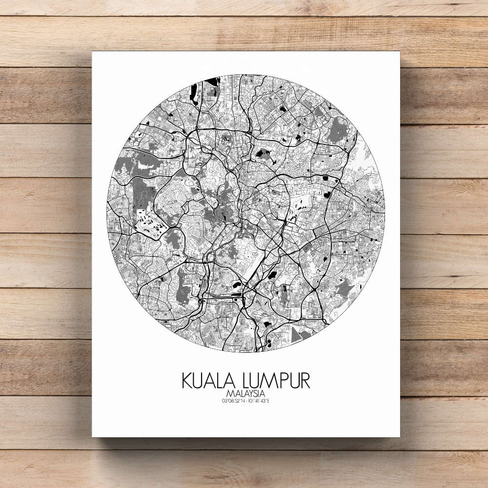 Mapospheres Kuala Lumpur KL Black and White  round shape design canvas city map