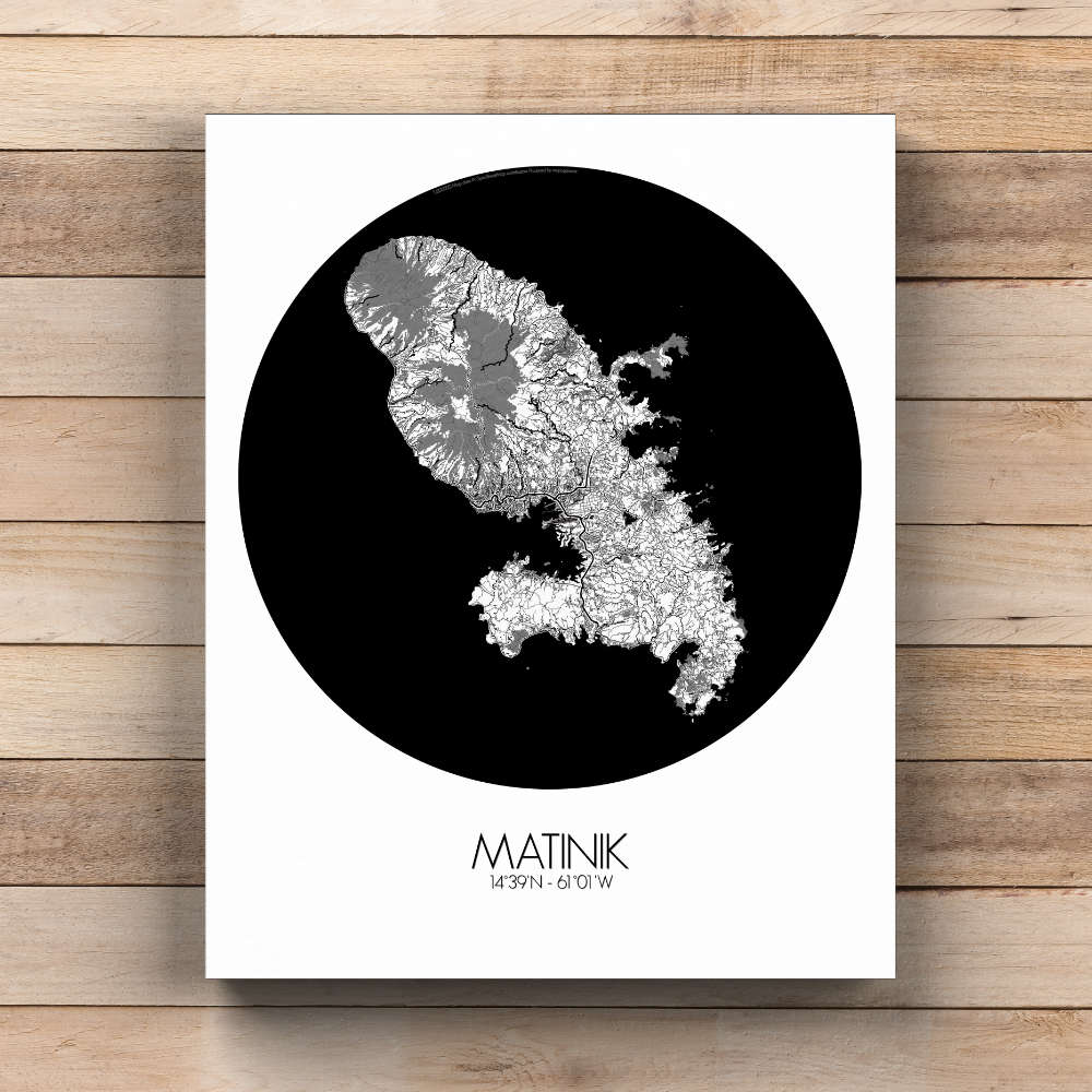 Mapospheres Martinique Black and White  round shape design canvas city map