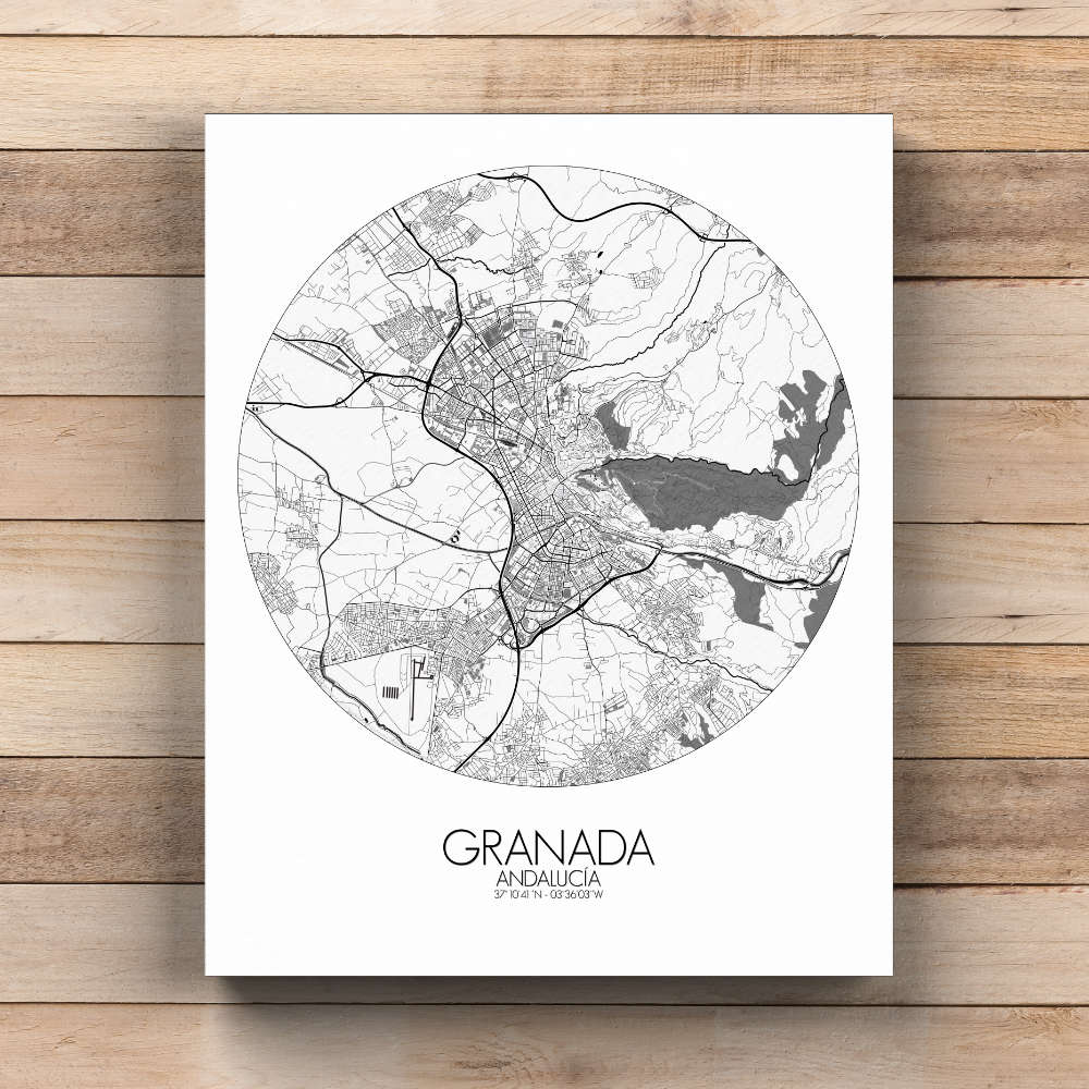 Mapospheres Granada Black and White  round shape design canvas city map