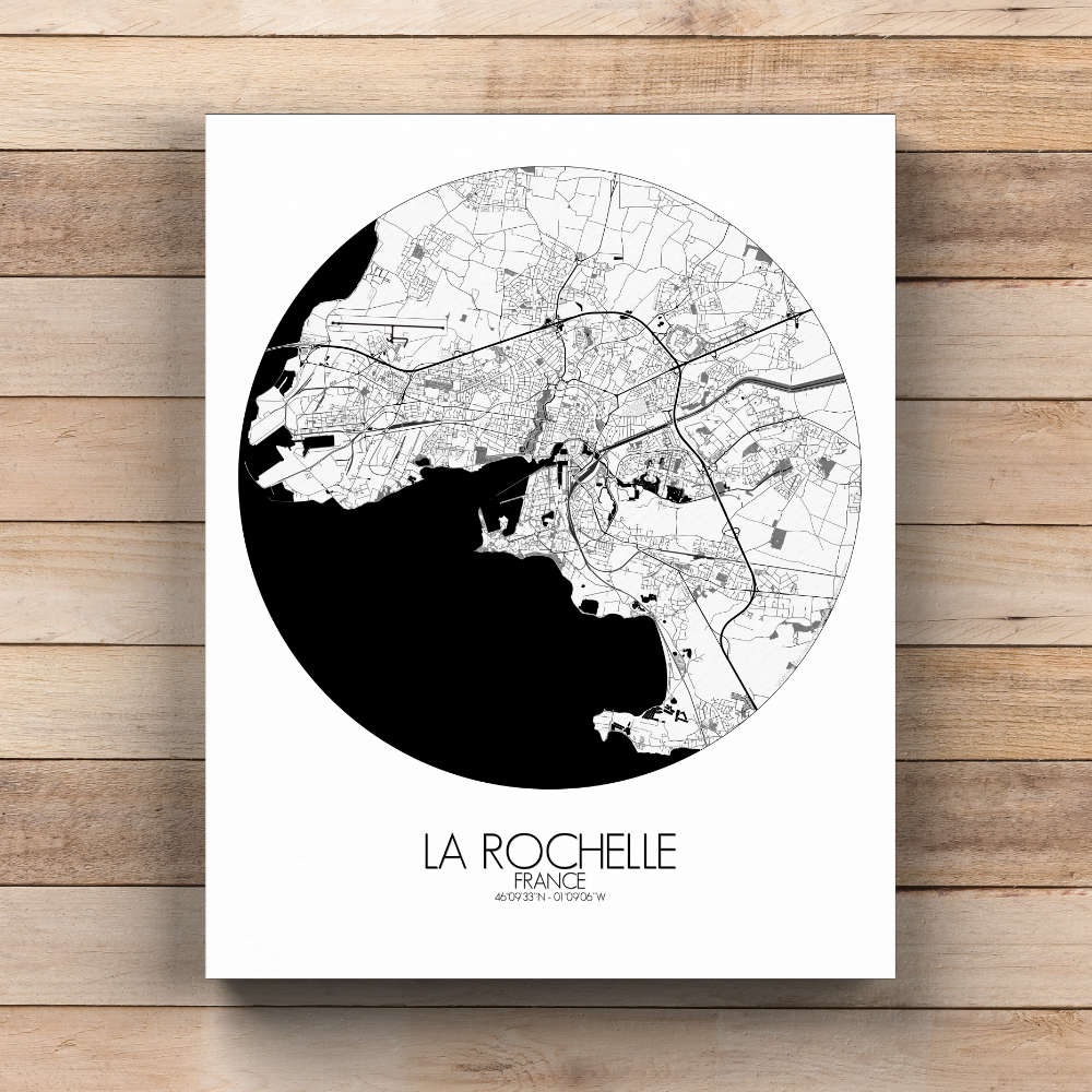 Mapospheres La Rochelle Black and White  round shape design canvas city map