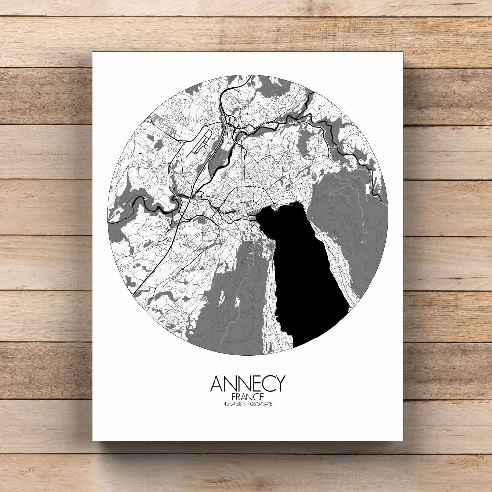 Mapospheres Annecy Black and White  round shape design canvas city map