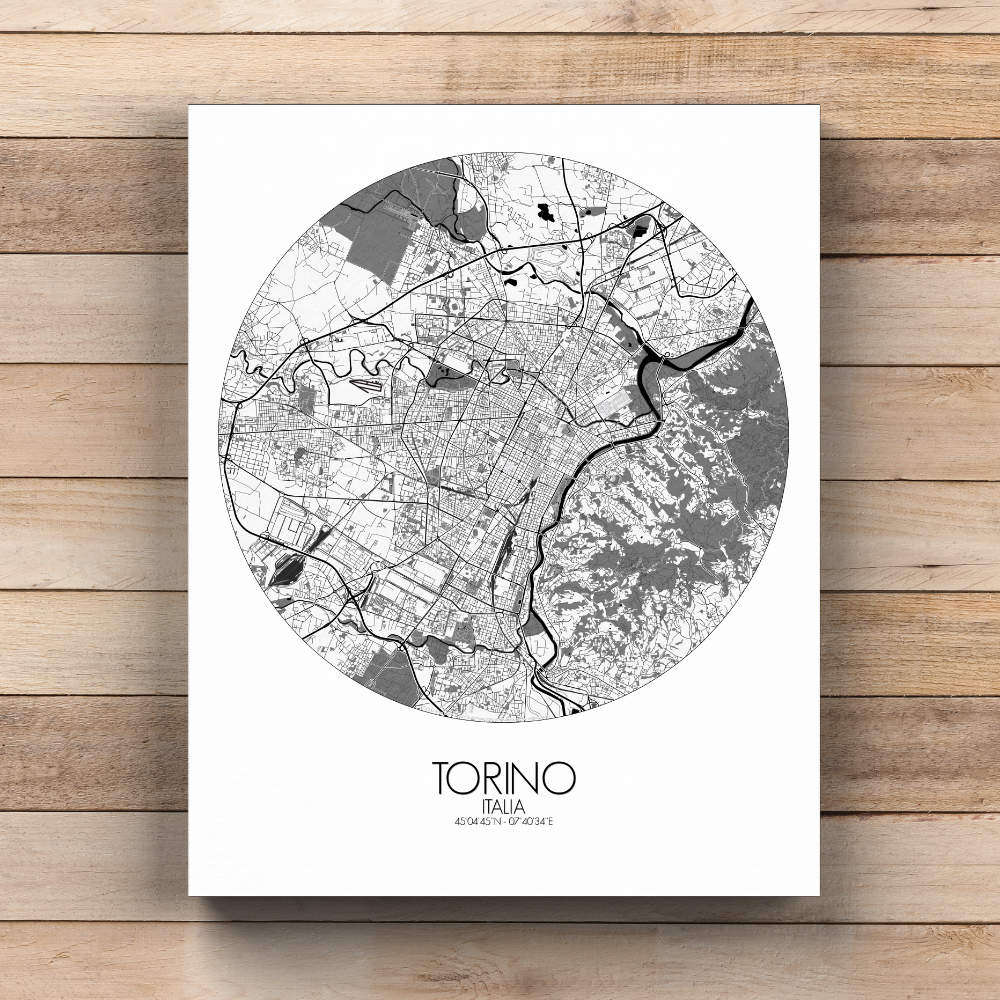 Mapospheres Turin Black and White  round shape design canvas city map