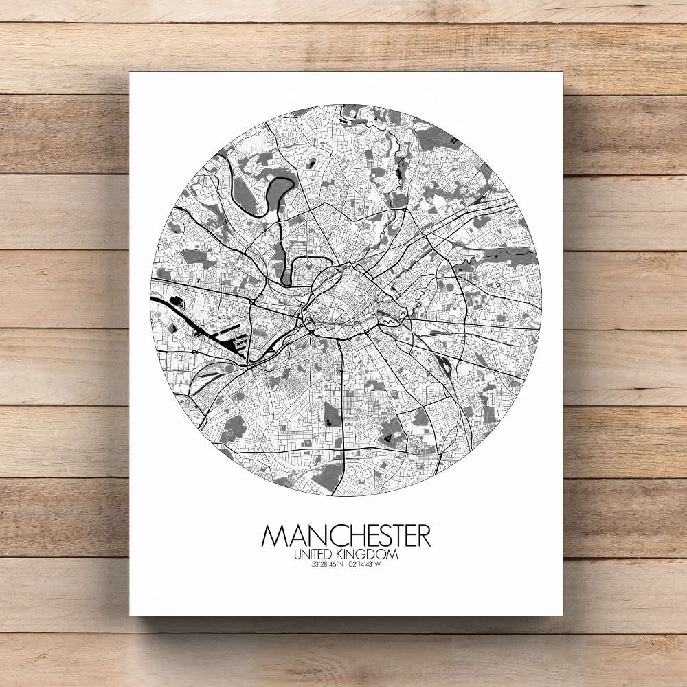 Mapospheres Manchester Black and White  round shape design canvas city map