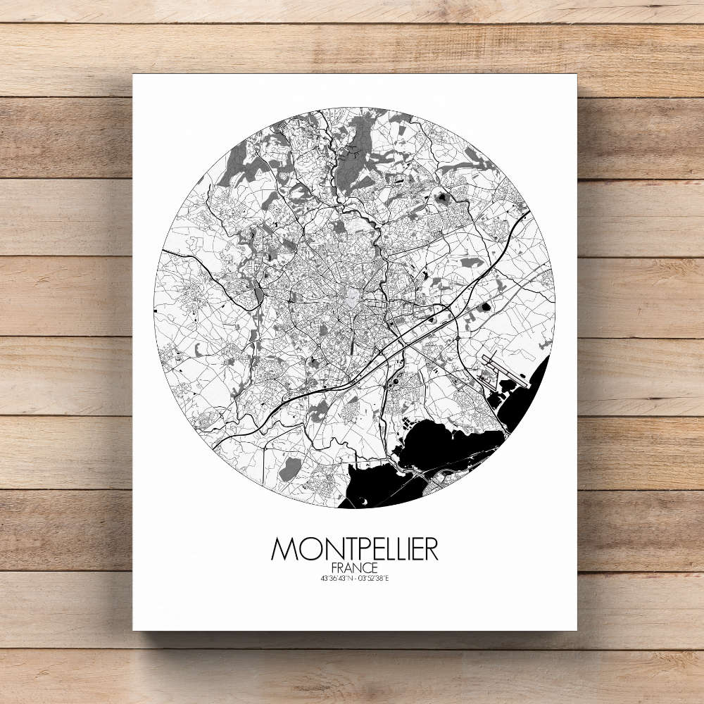 Mapospheres Montpellier Black and White  round shape design canvas city map