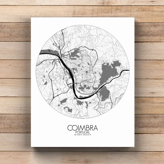 Mapospheres Coimbra Black and White  round shape design canvas city map