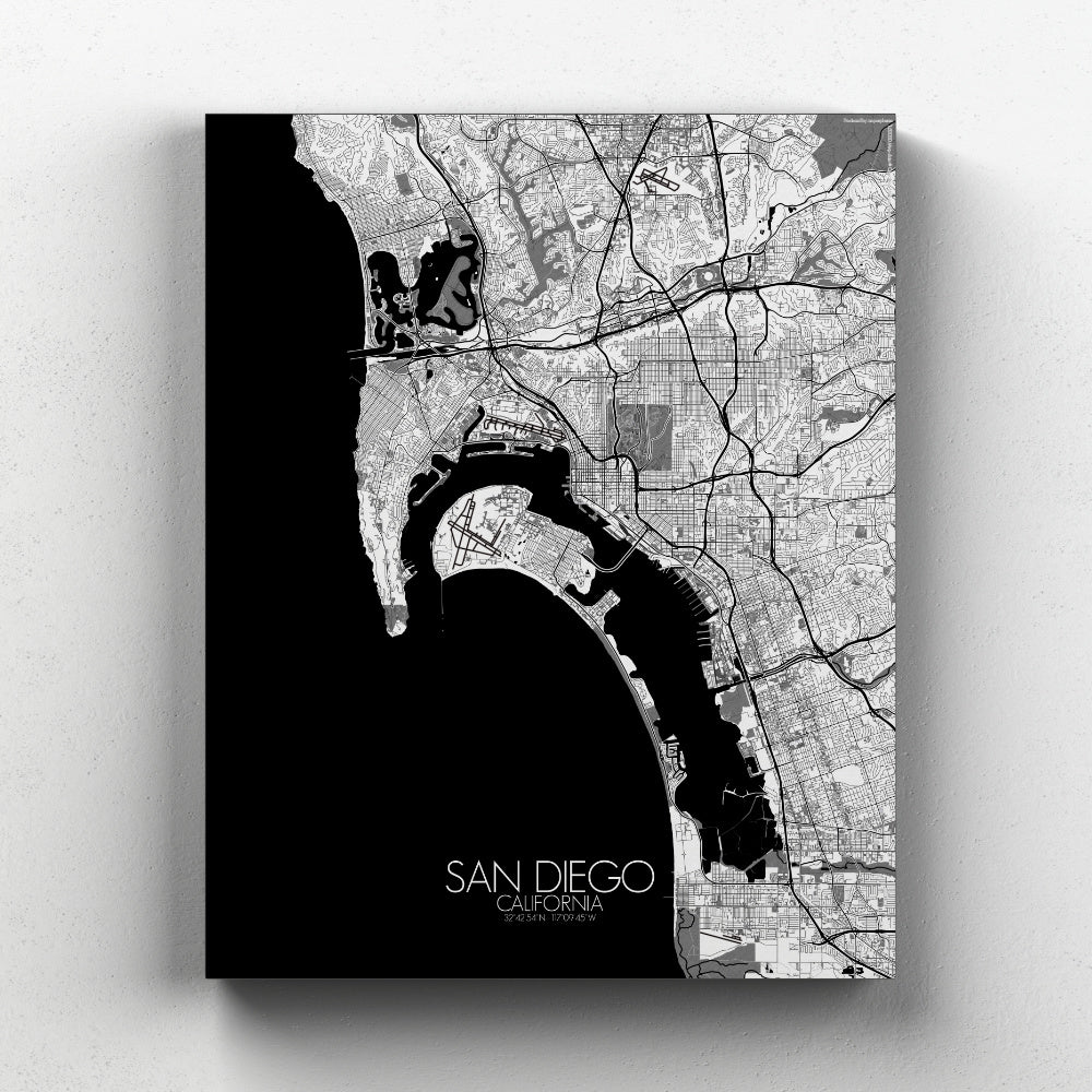 Mapospheres San Diego Black and White full page design canvas city map