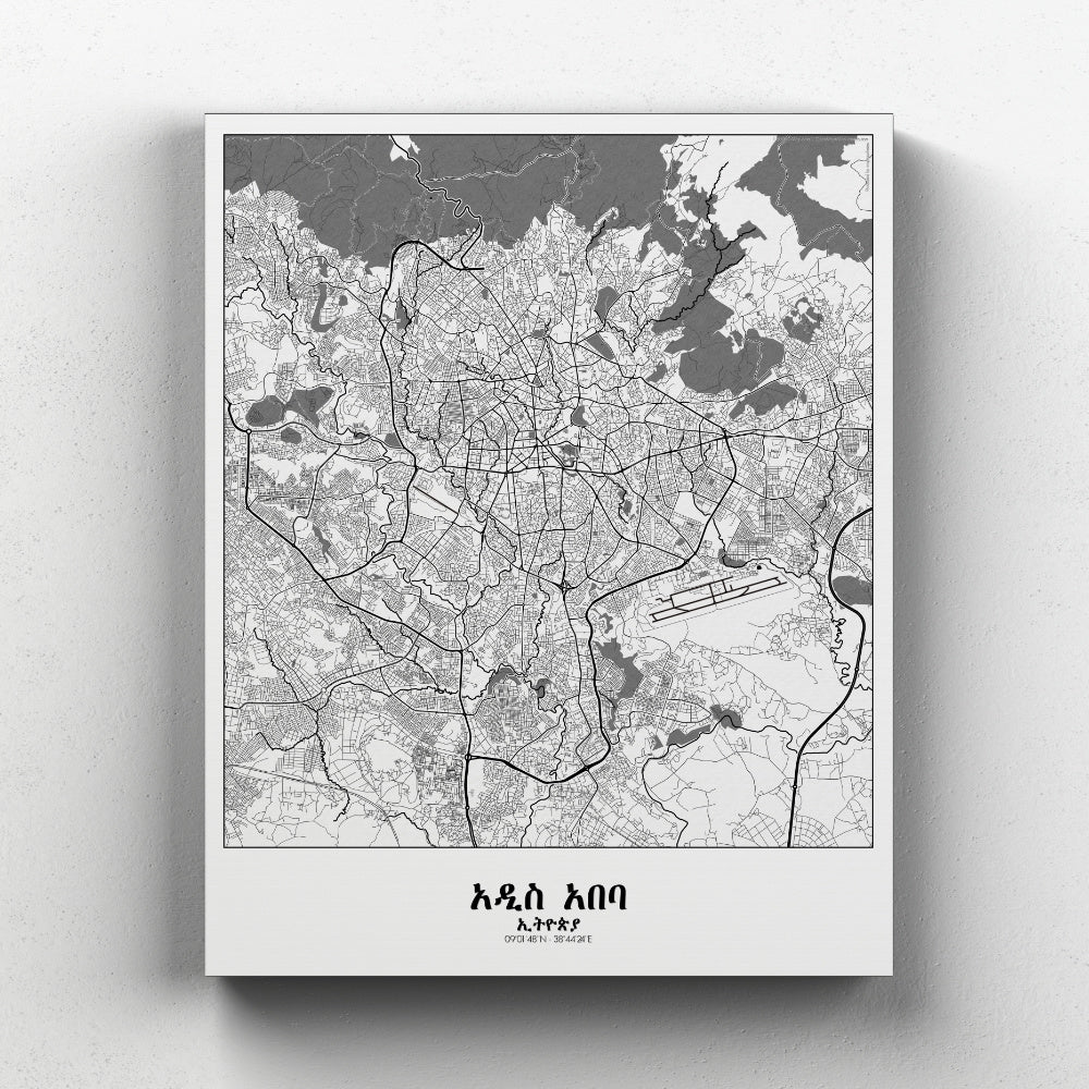Mapospheres Addis Ababa Black and White full page design canvas city map