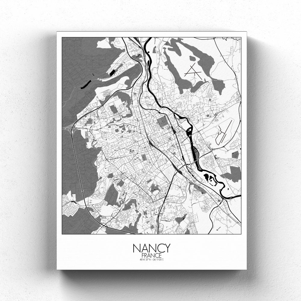 Mapospheres Nancy Black and White full page design canvas city map