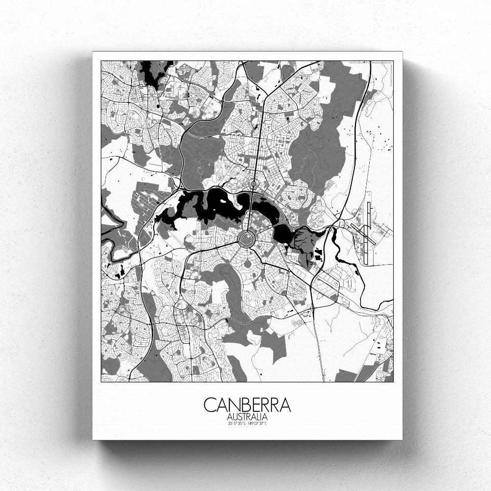 Mapospheres Canberra Black and White full page design canvas city map