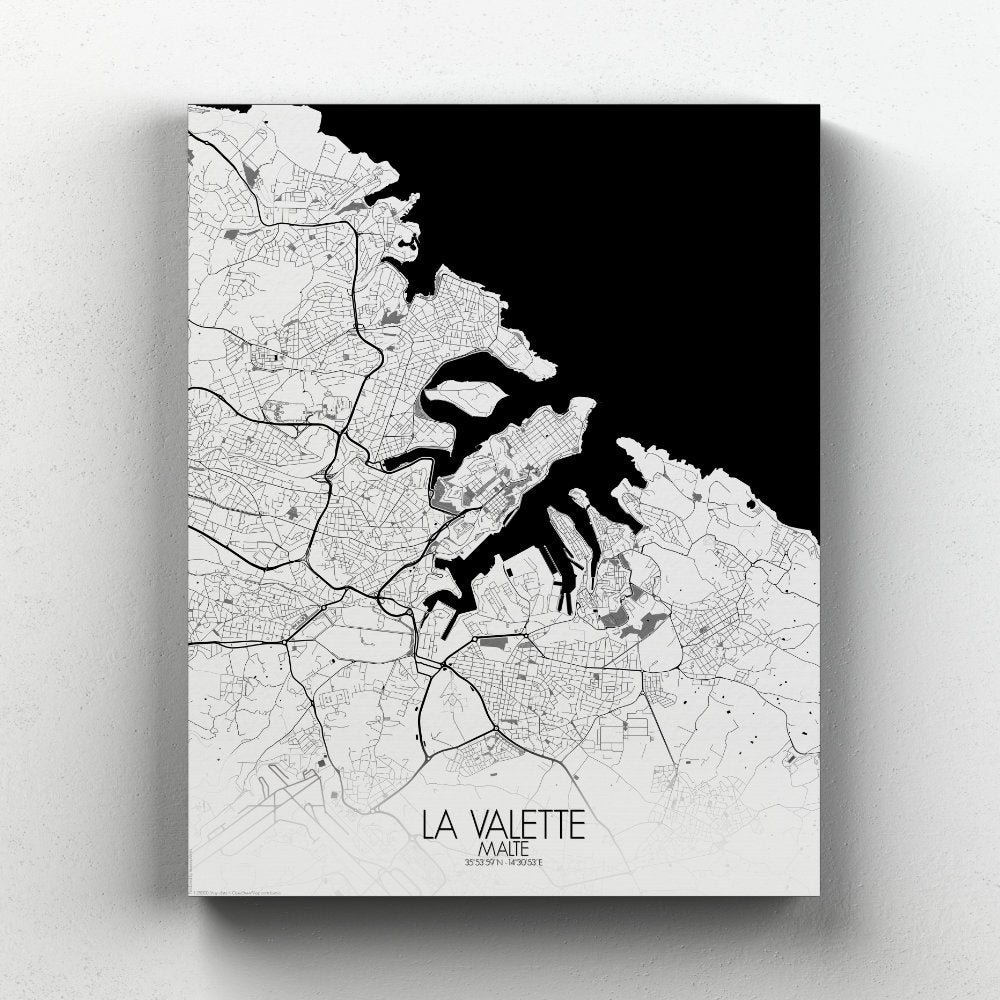 Mapospheres valletta Black and White full page design canvas city map