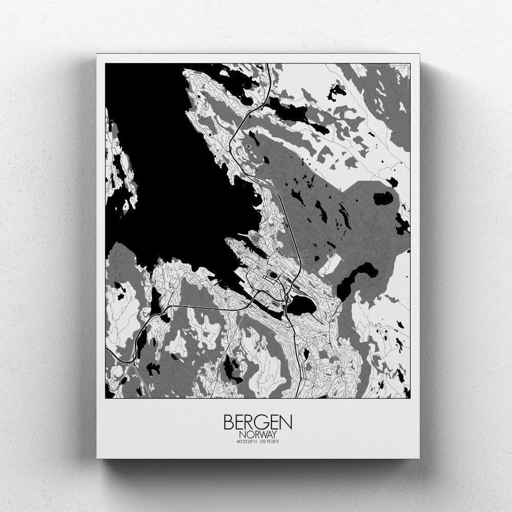 Mapospheres Bergen Black and White full page design canvas city map