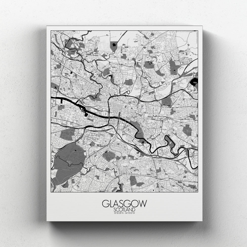 Mapospheres Glasgow Black and White full page design canvas city map