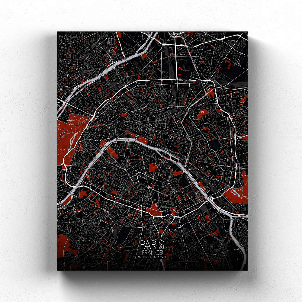 Mapospheres Paris Red dark round shape design canvas city map